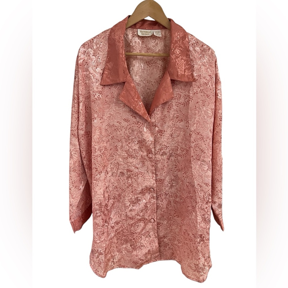 VTG Victoria's Secret Gold Label Satin Floral Button-Down Pajama Sleep Shirt M/L